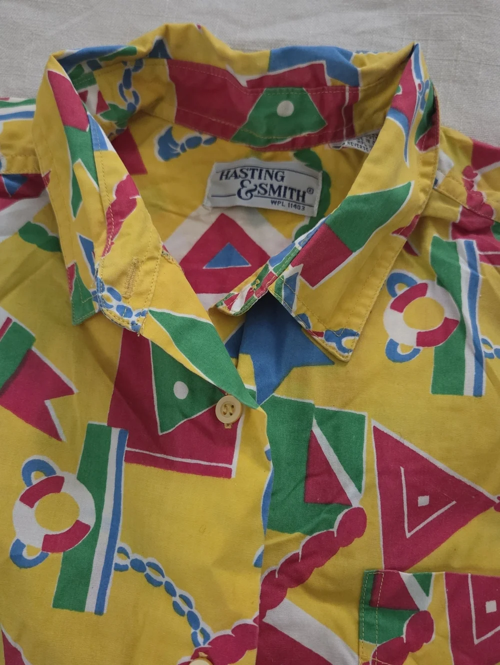 Vintage Yellow Nautical Geometric Print Short-Sleeve Shirt Womens 14 Large XL - Picture 5 of 9